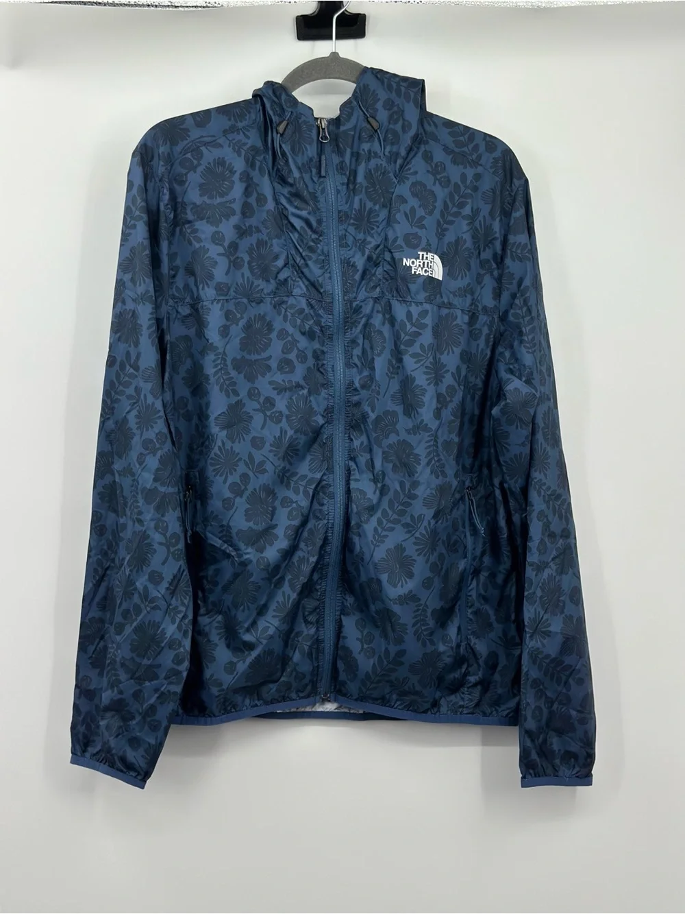 The North Face Men’s Floral Print Hooded Windbreaker Jacket Blue Full Zip Size M